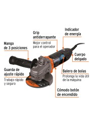 Esmeriladora angular 4-1/2", 950W, TRUPER ERGO PRO