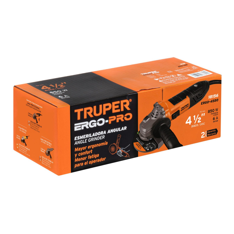 Esmeriladora angular 4-1/2", 850W, TRUPER ERGO PRO