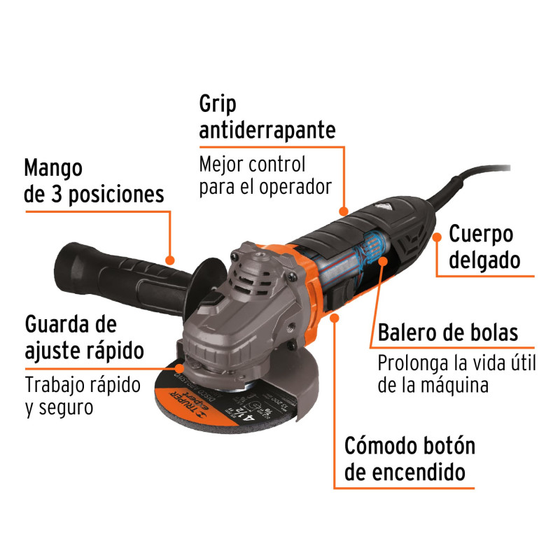 Esmeriladora angular 4-1/2", 750W, TRUPER ERGO PRO