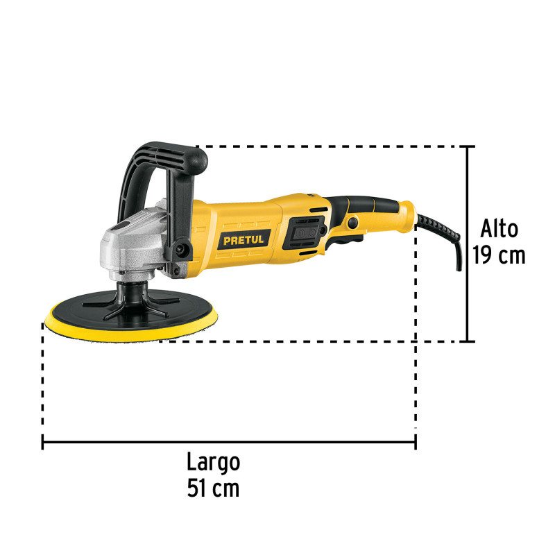 Pulidora velocidad variable 7" 1200W, c/accesorios, PRETUL
