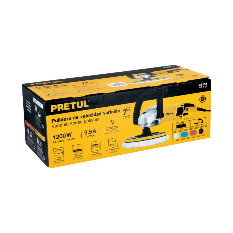 Pulidora velocidad variable 7" 1200W, c/accesorios, PRETUL