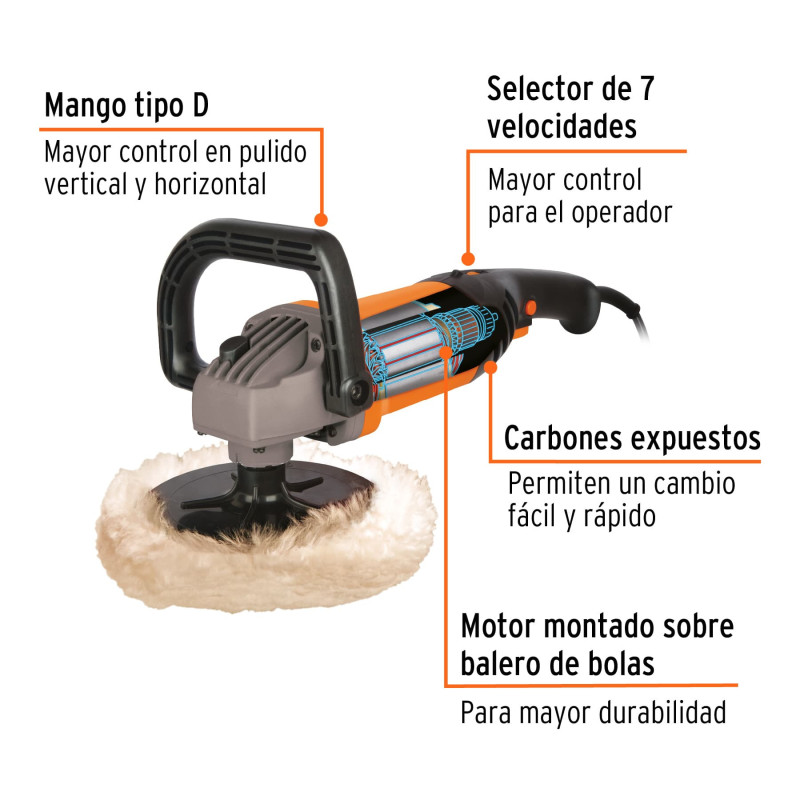 Pulidora velocidad variable 7", 1200W, TRUPER PRO