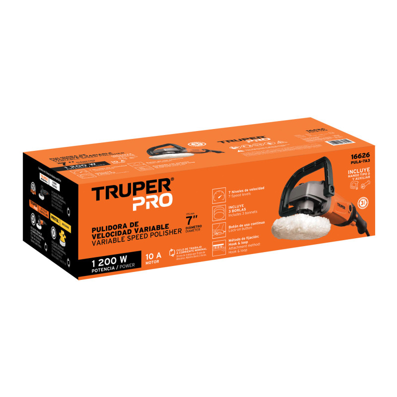 Pulidora velocidad variable 7", 1200W, TRUPER PRO