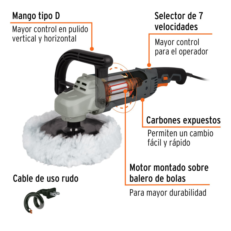 Pulidora velocidad variable 7", 1200W, TRUPER INDUSTRIAL