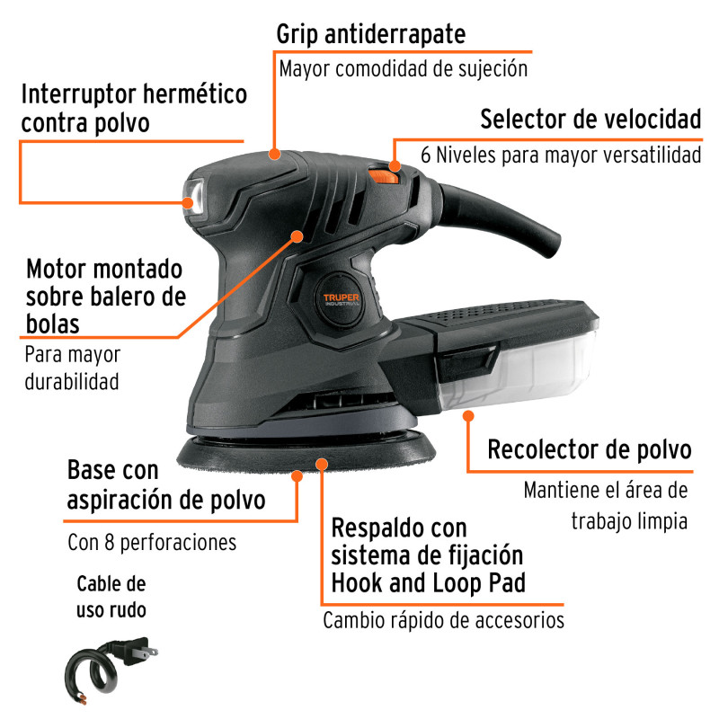 Lijadora roto orbital 5", 260W, TRUPER INDUSTRIAL
