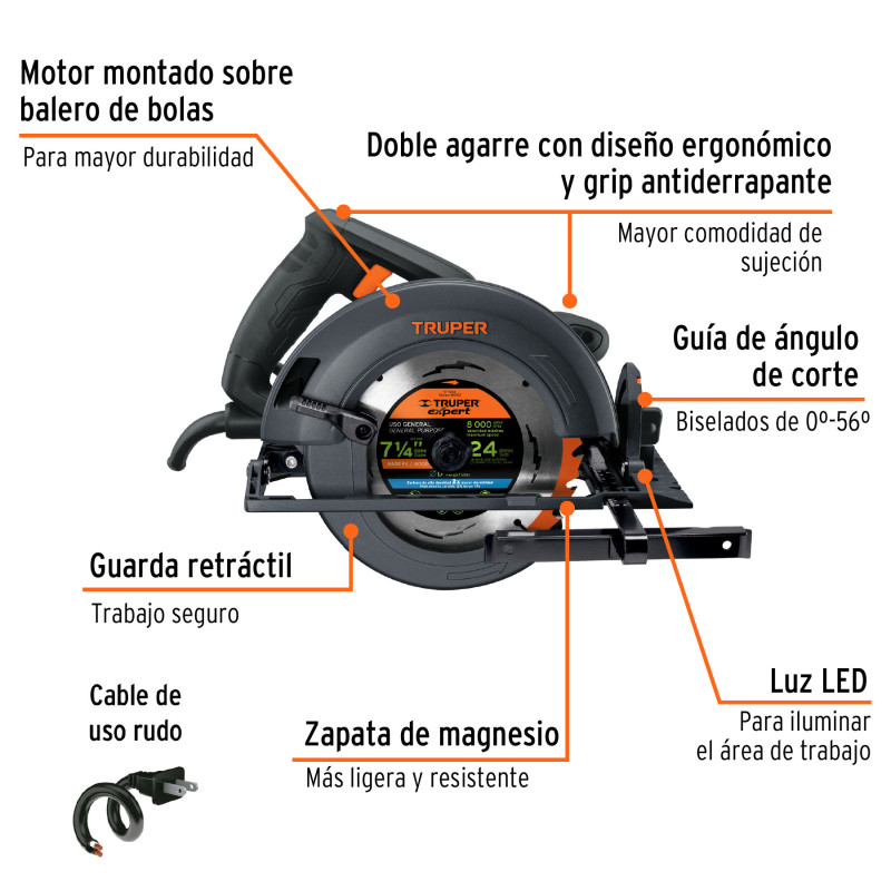 Sierra circular 7-1/4", 1800W, TRUPER INDUSTRIAL