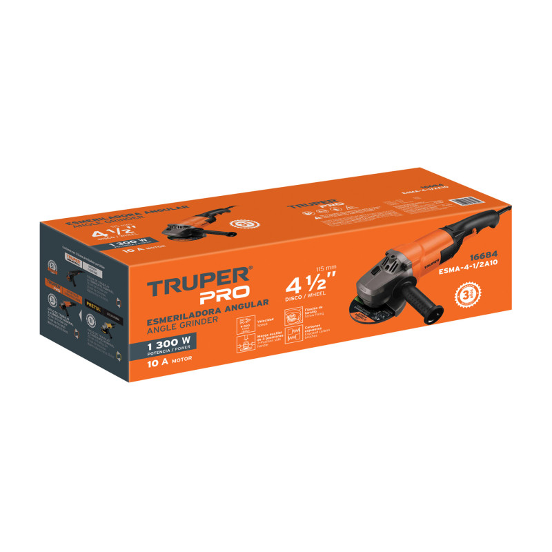 Esmeriladora angular 4-1/2", 1300W, TRUPER PRO