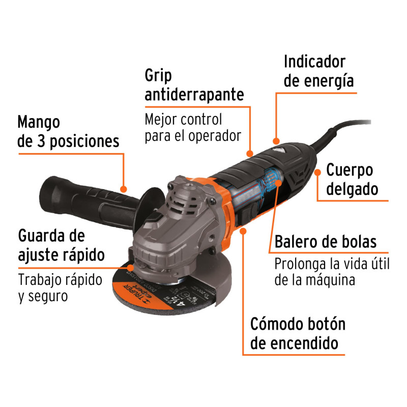 Esmeriladora angular 4-1/2", 1100W, TRUPER ERGO PRO